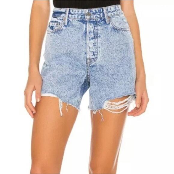 GRLFRND Jordan High Rise Shorts in Yaya Distressed Raw Hem Button Fly